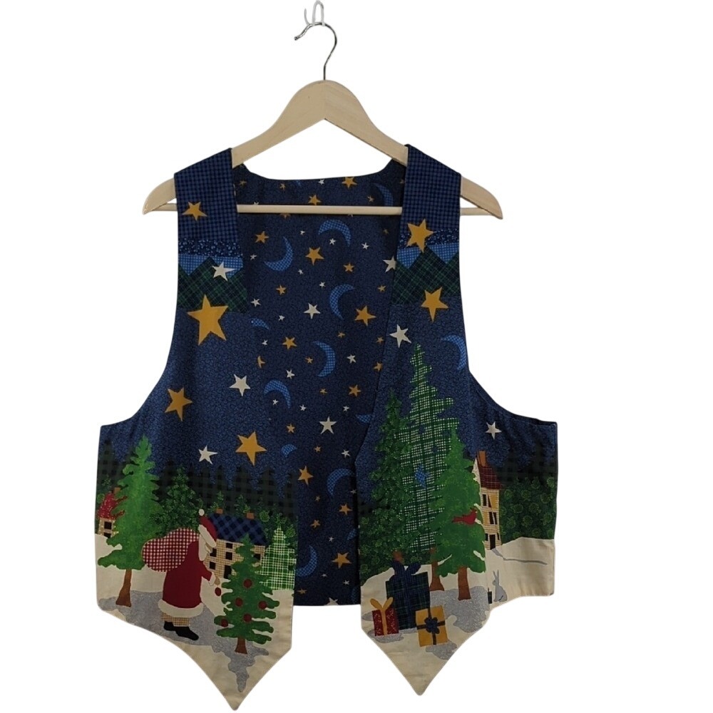 Vintage Handmade Christmas Vest Santa Sleigh Reversible Winter Scene Cottagecore